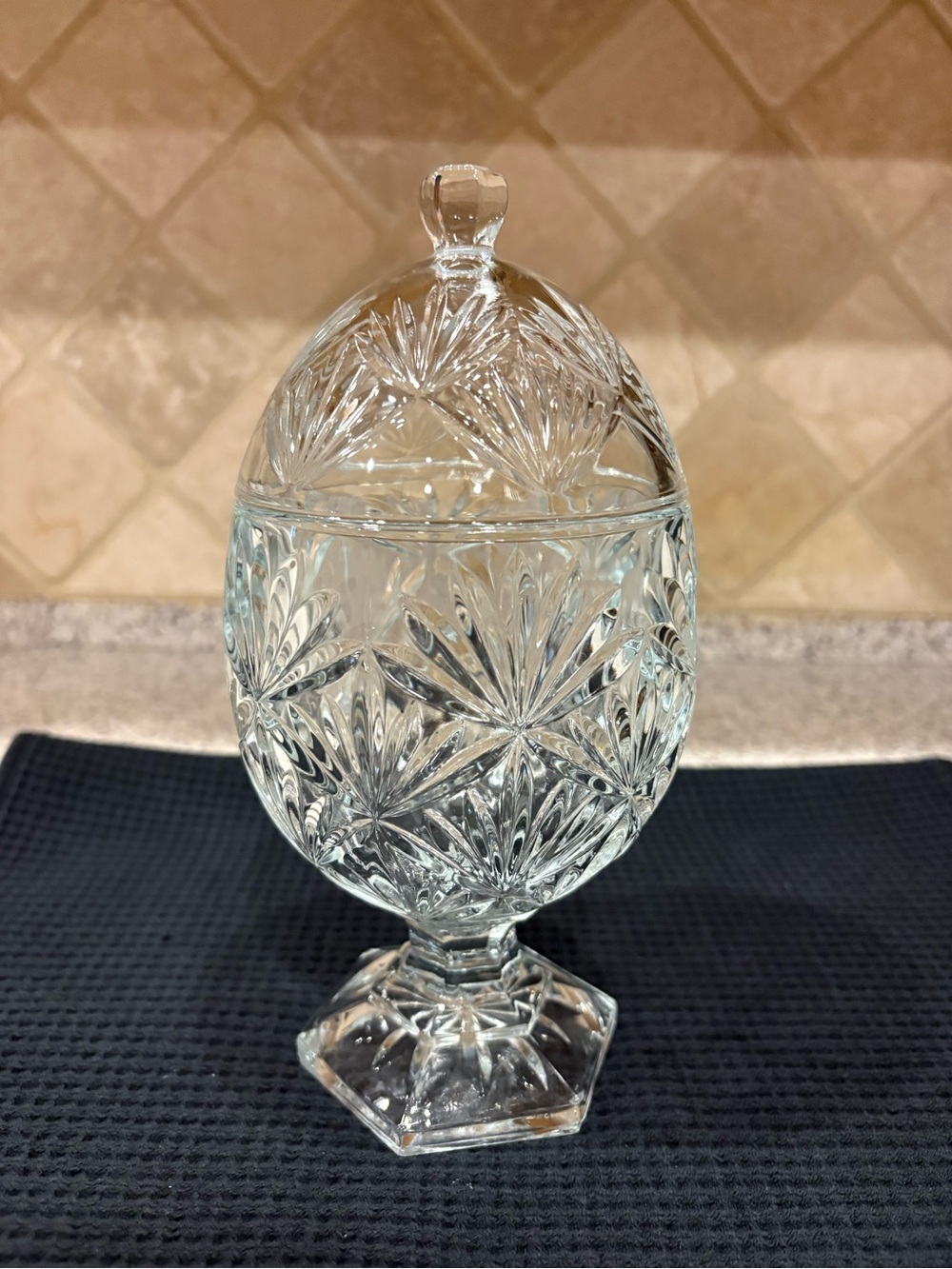 Vintage Footed Oval Glass Candy Dish W/Lid Clear Sunburst Pattern